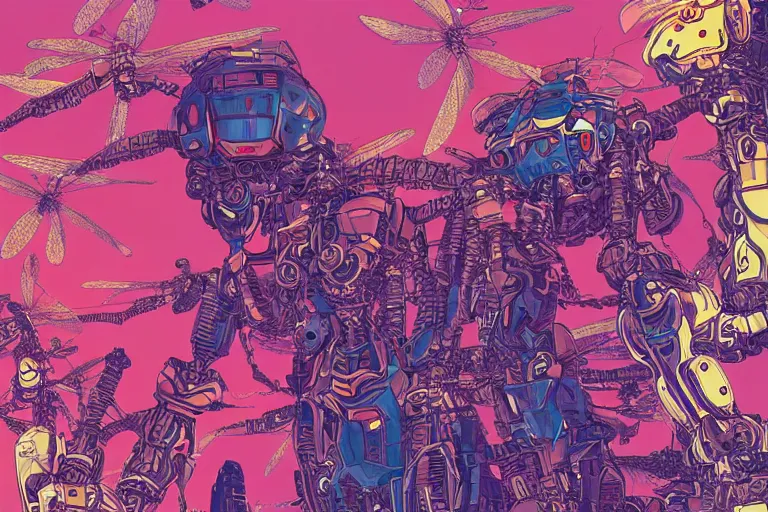 Image similar to gigantic dragonflies with human faces catch tiny robots, a lot of exotic mechas robots around, human heads everywhere, risograph, colorful flat surreal design, super - detailed, a lot of tiny details, fullshot, by luigi serafini and moebius