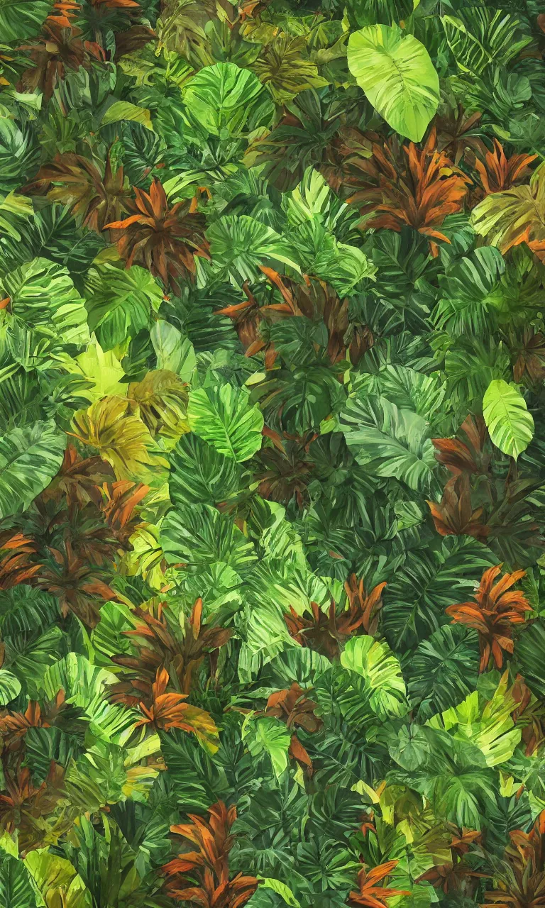 Prompt: Tropical leafs wall in jungle, trending on artstation, 30mm, by Noah Bradley