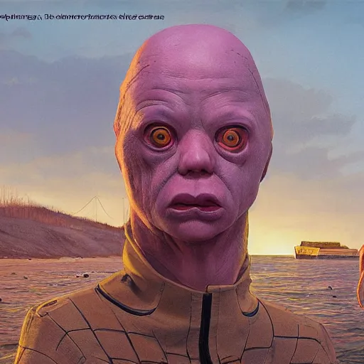 Image similar to unsettling, noble rubbery albino mutant with thin lips, huge eyes and suspicious expression, wearing science fiction police uniform by docks at sunset, by deak ferrand, wayne barlowe, simon stalenhag, and greg rutkowski