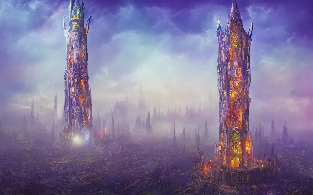 Prompt: the one and only unique large base majestic upright magic tower, highly detailed background, fog on the ground, a dash of magic, vibrant color palette, trending on artstation, digital art, by salvador dali