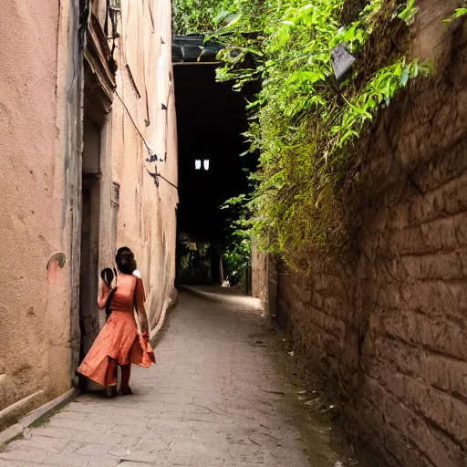 Prompt: A photograph of a Colombian woman in a peach dress, walking away from camera, down a narrow sandstone alley with rough-hewn sandstone building either side, and a varnished wooden door on the right. Ahead is a lantern, attached to the right wall. Late afternoon on a sunny day. 4K 50mm f/1.4