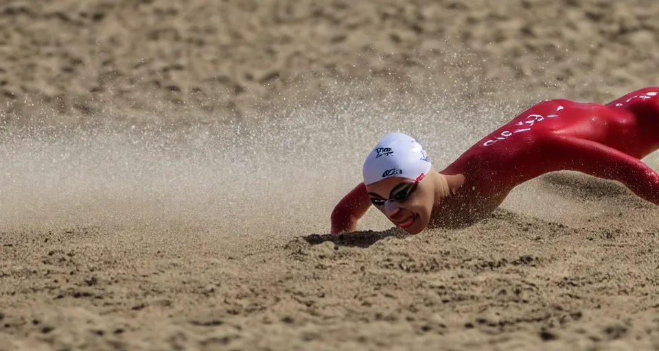 Image similar to olympic swimming in sand instead of water, extremely coherent, motion blur