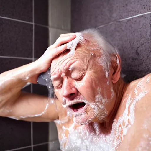 Image similar to a photo of an old man having nightmares while bathing