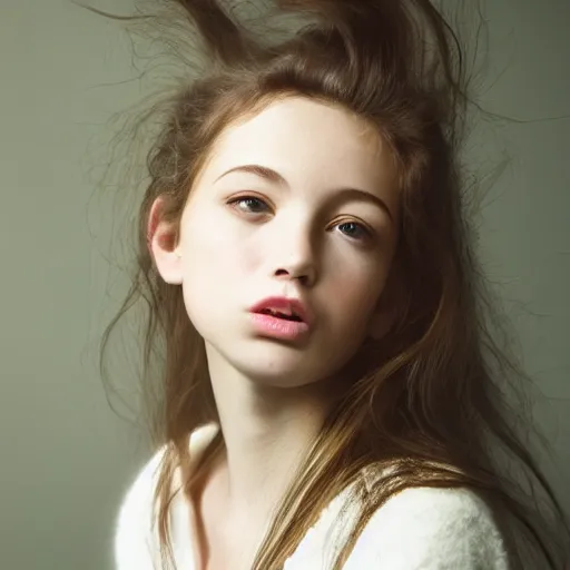 Image similar to photorealistic portrait of cute girl model, close up, staring directly at camera, fluffy soft big cotton balls floatingaround, studio lighting, blurry background, shot on iphone 1 3 pro, by annie leibovitz