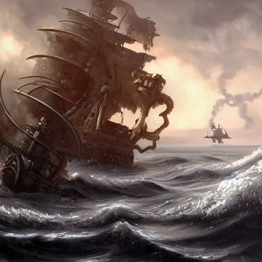 Image similar to oil painting of a kraken attacking a pirate ship, wallpaper, 4k
