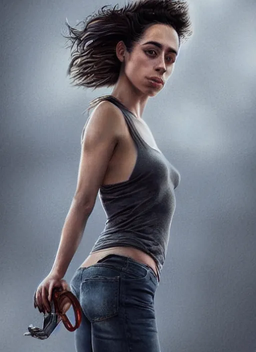 Prompt: full length photo of Oona Chaplin with a face of pain in a tanktop in the style of stefan kostic, not realistic, sharp focus, 8k high definition, insanely detailed, intricate, elegant, art by stanley lau and artgerm