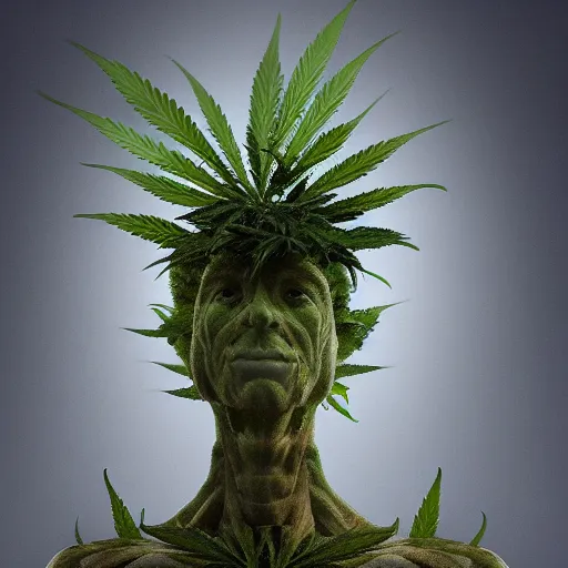 Image similar to Humanoid in the shape of a cannabis plant, realistic artstyle, wide shot, dramatic lighting, octane render, hyperrealistic, high quality, highly detailed, HD, beautiful, cinematic, 8k, unreal engine, facial accuracy, symmetrical