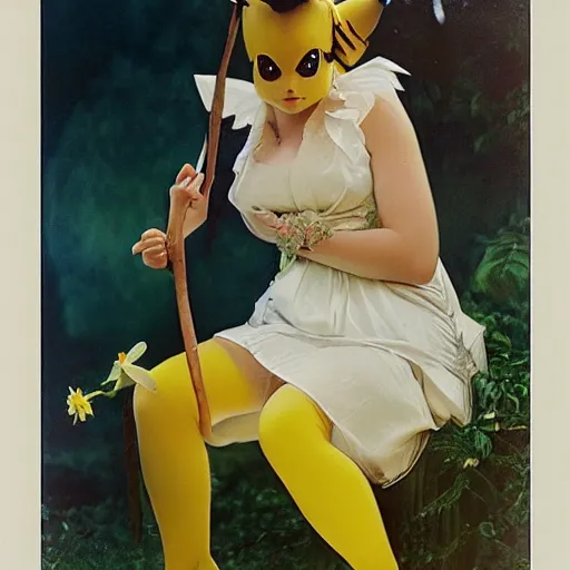 Image similar to elegant woman dressed up as pikachu, art photo by Annie Liebovitz and Alphonse Mucha