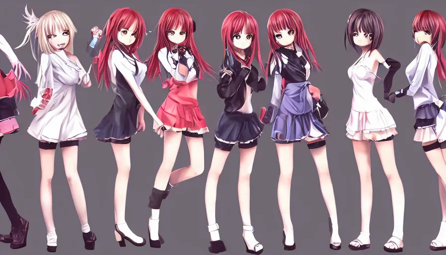 Image similar to group of cute anime characters in very short miniskirts, lightly dressed, ultra detailed digital art, hyper real, detailed, group photo, ultra detailed, ground up angle