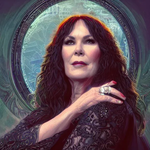 Image similar to a portrait of ann wilson of the band heart as a sorceress, urban motifs, intricate, elegant, highly detailed, digital painting, trending on artstation, concept art, smooth sharp focus, illustration, art by artgerm and greg rutkowski