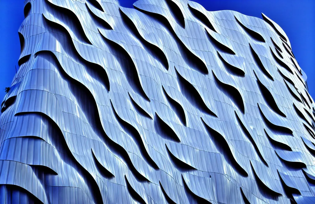 Prompt: the rules of proportion, scale, and perspective are disregarded the rules of proportion, scale, and perspective are disregarded work of art blacklight photography building by frank gehry