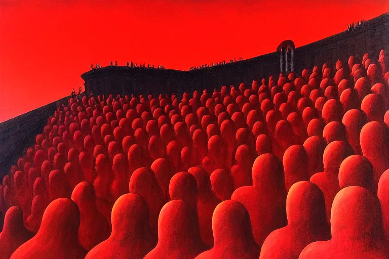 Image similar to only with red, a red great emperor, taormina amphitheatre, crowd with big smile, in the style of beksinski, parts by edward hopper, parts by rodcenko, parts by yue minjun, intricate and epic composition, red by caravaggio, insanely quality, highly detailed, masterpiece, red light, artstation, 4 k