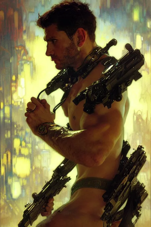 Image similar to chris redfield, attractive man, futurism, painting by gaston bussiere, craig mullins, greg rutkowski, alphonse mucha