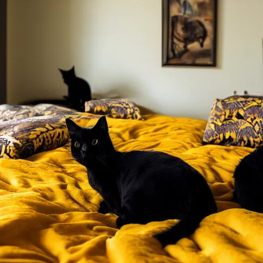 Prompt: photo of a group of black cats with large buggy yellow eyes, sitting on a bed