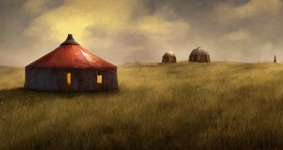 Image similar to night, stars shining, a yurt, in the steppe, summer field, misty background, in background a rusty building construction of spiral upside - down stairs!!, from the game pathologic 2, highly detailed, sharp focus, matte painting, by isaac levitan and asher brown durand,