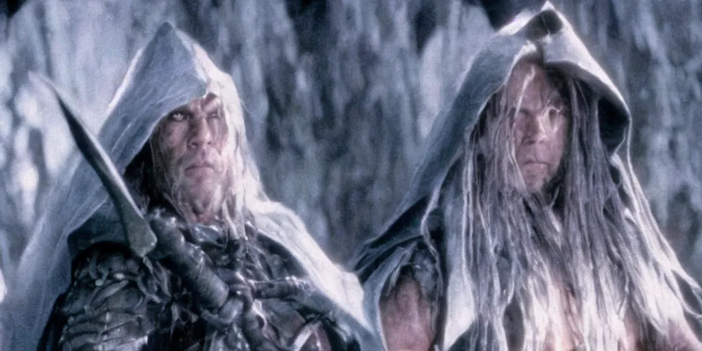 Prompt: still frame from a Drizzt Do'Urden film if it were directed by Peter Jackson, fantasy, high resolution, 35mm film