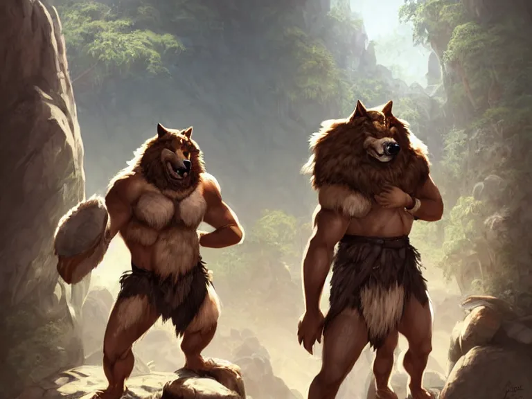 Image similar to burly tough character feature portrait of the anthro male anthropomorphic wolf fursona animal person wearing tribal primitive caveman loincloth outfit belt standing in the entrance to the cave, center framed character design stylized by charlie bowater, ross tran, artgerm, makoto shinkai, detailed, soft lighting, rendered in octane