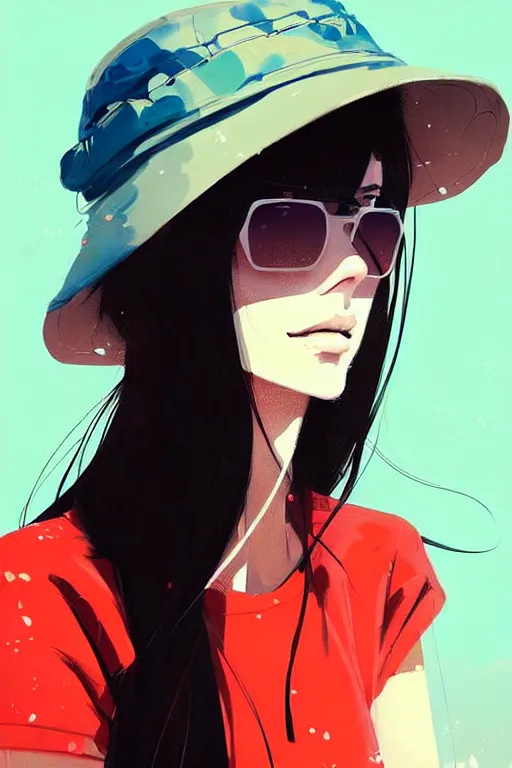 Image similar to a ultradetailed beautiful painting of a stylish girl wearing a bucket hat, by conrad roset, greg rutkowski and makoto shinkai trending on artstation