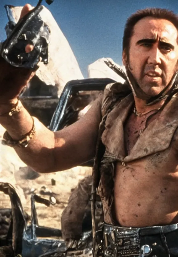 Image similar to Film still of Nicolas Cage in Mad Max 2: Fury Road as an evil raider