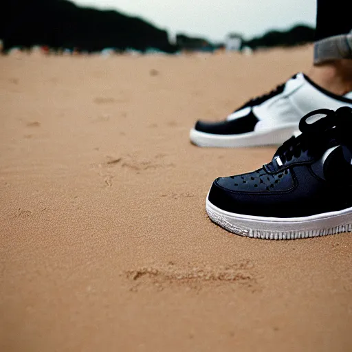 Image similar to person photographs his white nike air force one sneaker on a beach, color film photography, 3 5 mm, pov