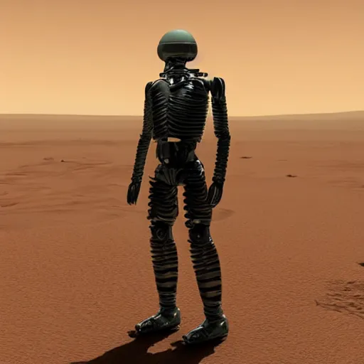 Image similar to realistic human - like man android on mars, alone, apocalypse, low power, realistic light and shadow effects