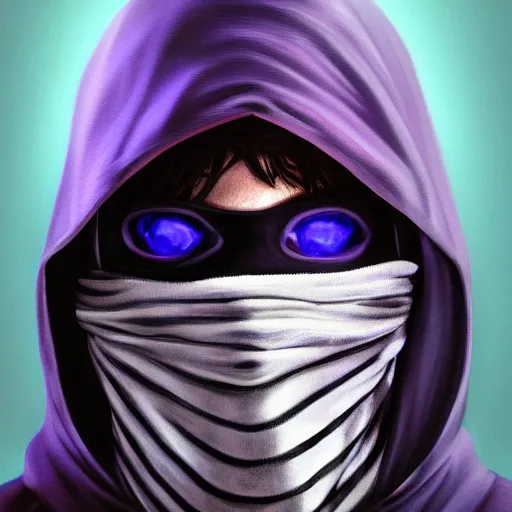 Image similar to ultra realistic illustration, man in a black hood, in a striped purple balaclava, mysterious, highly detailed, digital painting, artstation, concept art, smooth, sharp focus, illustration