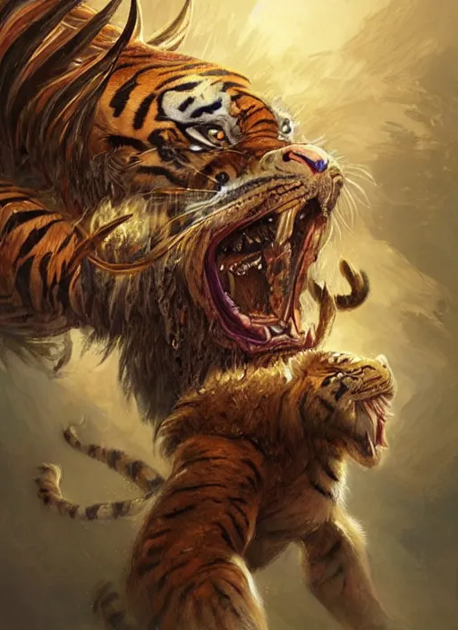Prompt: a highly detailed illustration of a fierce tribal warrior wearing a tiger mane screaming into the sky, muscular, intricate, elegant, highly detailed, centered, digital painting, artstation, concept art, smooth, sharp focus, league of legends concept art by artgerm and donato giancola and Joseph Christian Leyendecker, WLOP