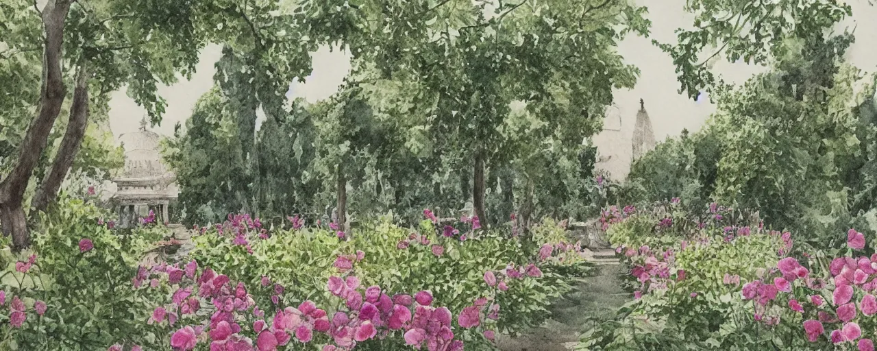 Prompt: isomeric view, delicate lake in a botanic garden, road, sparrows, on a botanical herbarium paper, watercolor colored painting, iridescent colors, 8 k, realistic shaded, fine details, artstation, italian style, colonnade, vines, grapes, flowers, gardena architecture, pompeii