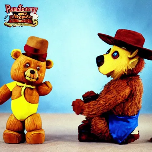 Image similar to “ freddy fazbear and paddington meet in londom in 1 9 8 7. ”