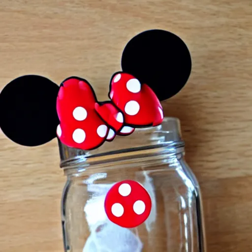 Prompt: Minnie Mouse stuck in a mason jar