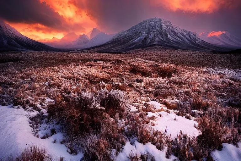 Prompt: amazing landscape photo of nuclear fallout in snowy mountains at sunset by marc adamus beautiful dramatic lighting