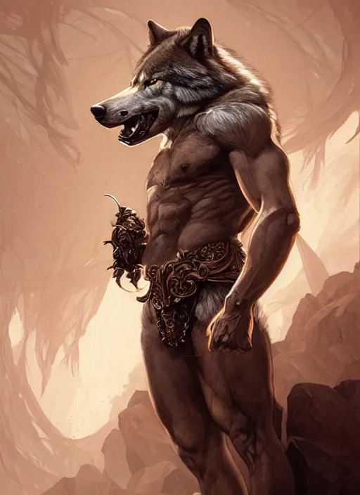 Image similar to portrait of aggressive wolf humanoid, d & d, muscular! fantasy, intricate, elegant, highly detailed, digital painting, artstation, concept art, smooth, sharp focus, illustration, art by artgerm and greg rutkowski and alphonse mucha