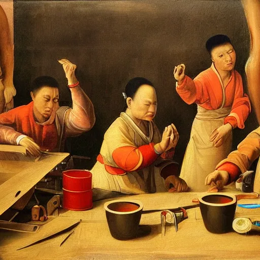 Image similar to renaissance oil painting of exploited chinese workers in an iphone manufacturing plant