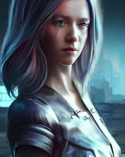 Image similar to a portrait of a beautiful 28th century cyberpunk female very young with long hair, largely biomechanical, hyper-realistic, very detailed unreal engine, by Artgerm, WLOP and Ross Thran, dramatic cinematic lighting rendered by octane, 8k, detailed, trending on artstation, deviantart, google images, pinterest