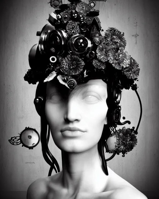 Image similar to black and white dreamy foggy smoky profile face portrait, one silver steampunk realistic eye biomechanical beautiful young female cyclope - cyborg - robot bust, body ribs meshes,, volumetric light, hibiscus flowers, by hg giger, rim light, by dora maar and cecile beaton, big gothic fashion pearl embroidered collar, 8 k
