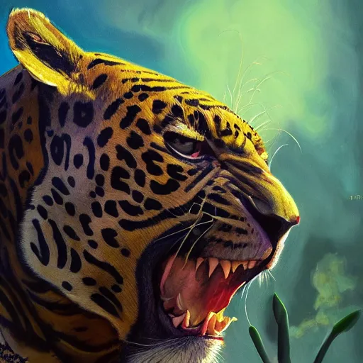 Image similar to mighty jaguar in summer nigt, beautiful colours, sharp textures, biotechnology, nikolay georgiev, alex ross, bruce pennington, donato giancola, larry elmore, masterpiece, oils on canvas, trending on artstation, featured on pixiv, cinematic composition, sharp, details, hyper - detailed, hd, hdr, 4 k, 8 k