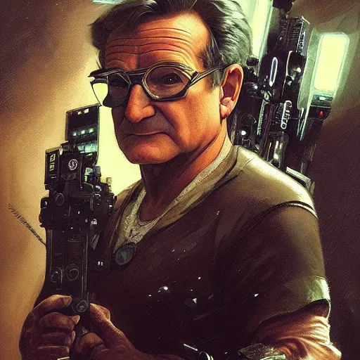 Prompt: robin williams dressed as a bladerunner, sci fi, intricate, elegant, highly detailed, digital painting, artstation, concept art, matte, sharp focus, illustration, art by greg rutkowski and alphonse mucha