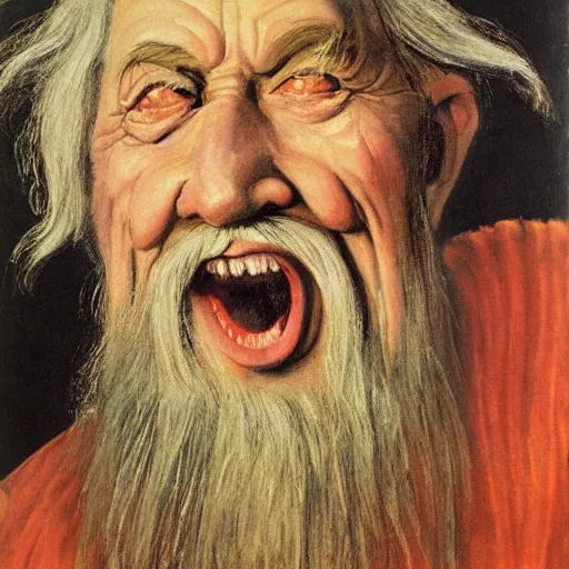 Image similar to a deliriously happy King Gandalf, portrait oil painting by Otto Dix, oil on canvas (1921)