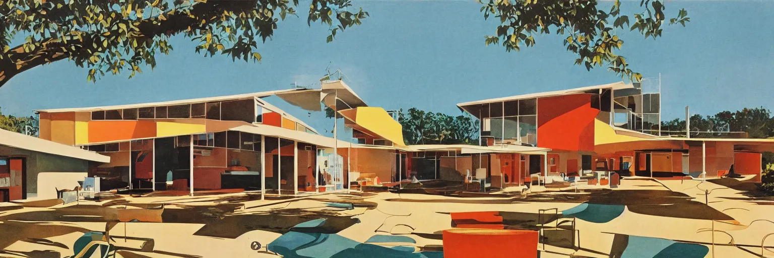 Prompt: midcentury architecture. modernism. warm colors. wide shot. imagined by ken adam.