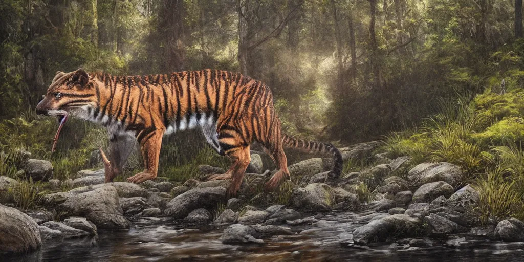 Image similar to Intricate detailed illustration, Tasmanian Tiger reflected in an alpine stream, cinematic lighting, by Philip Hood, wide angle, volumetric light scattering, 8k, artstation, concept art,