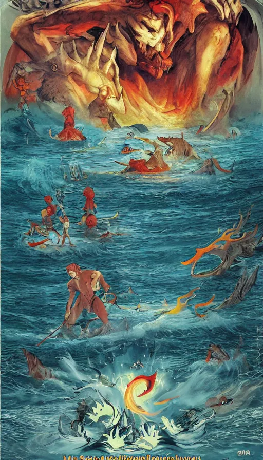 Prompt: man on boat crossing a body of water in hell with creatures in the water, sea of souls, by gainax co,