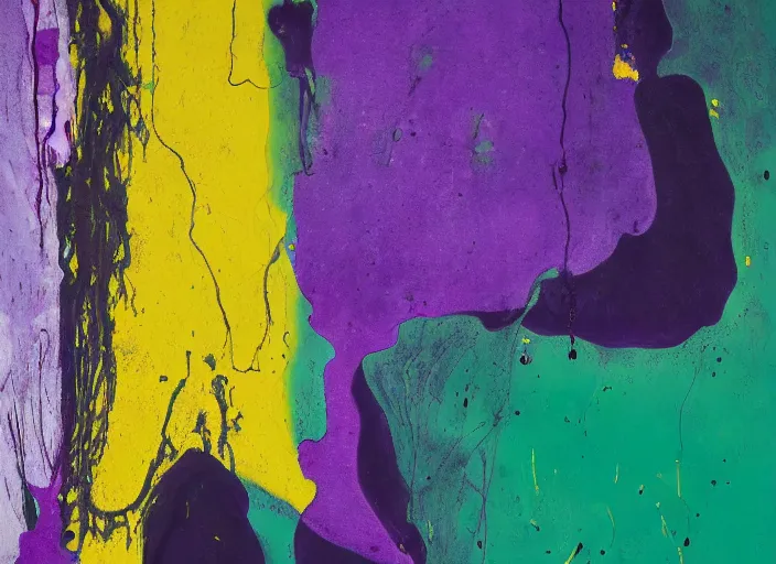 Image similar to minimalistic abstract painting in shape of waterfall, in purple, yellow, dark green, beige, by hernan bas and pat steir and hilma af klint, psychological, photorealistic, dripping paint, washy brush, oil on canvas, matte painting, rendered in octane, altermodern, masterpiece