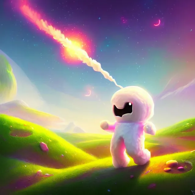 Prompt: epic professional digital art of a !marshmallow! rocket landing on a cheery candy planet landscape, best on artstation, breathtaking, epic, stunning, gorgeous, much detail, much wow, cgsociety, wlop, pixiv, behance, deviantart, masterpiece