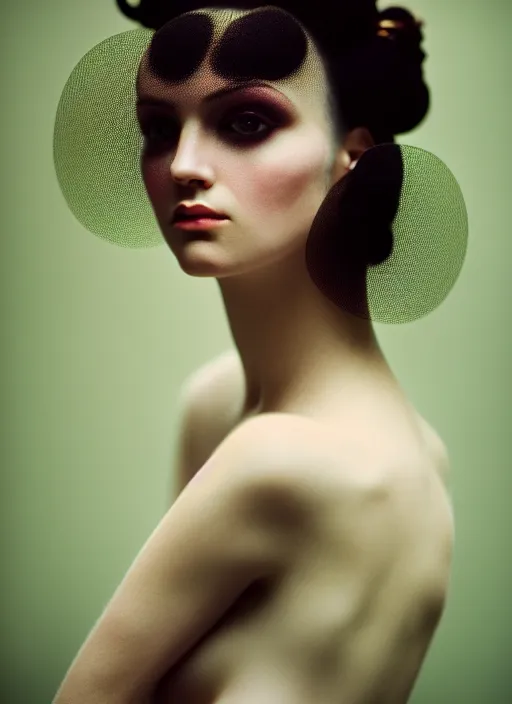 Image similar to kodak portra 4 0 0 photo portrait of a beautiful woman, sub surface scattering, hair baroque hair style, fineart in style of paolo roversi, 5 0 mm lens, sharp focus, head in focus, soft blur matt, volumetric lighting