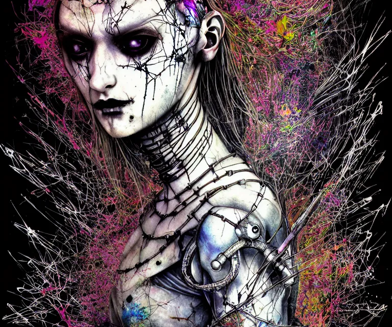 Image similar to gothic mute hybrid cyborg warrior girl, cybor clothes shaping the universe, freedom fighter, eerie, cinematic, epic, 8 k, ultra realistic, rendered by awesomeness. | a psychedelic apocalypse, illustration by albrecht durer, concept art in style of carne griffiths artwork by xsullo. | backround of beautiful floweres floatingby elson, peter kemp, peter