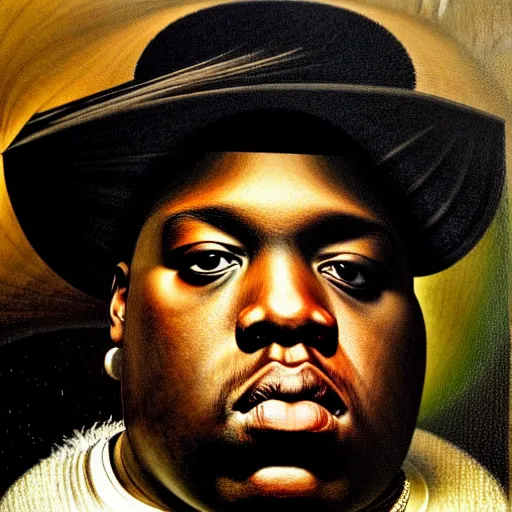 Prompt: high quality celebrity portrait of biggie smalls painted by the old dutch masters, rembrandt, hieronymous bosch, frans hals