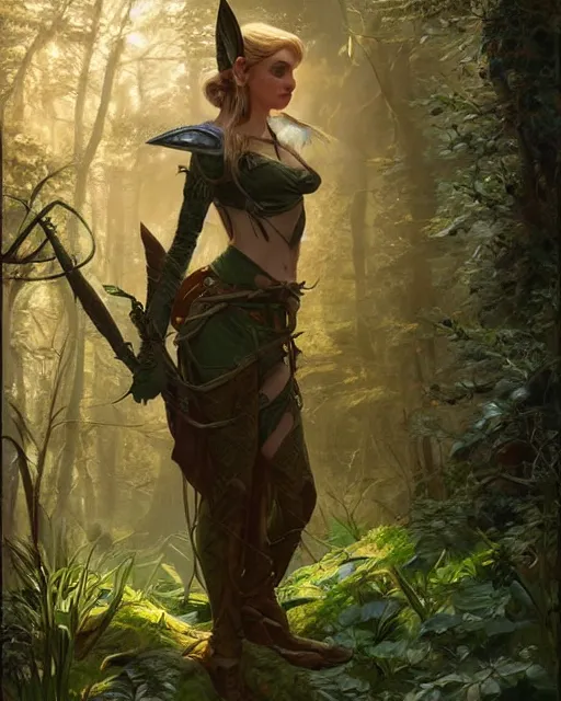 Image similar to a female elven hunter standing in a forest, intricate, highly detailed, digital painting, volumetric light, artstation, concept art, smooth, sharp focus, illustration, art by Gil Elvgren and Greg Rutkowski and Alphonse Mucha, 8K