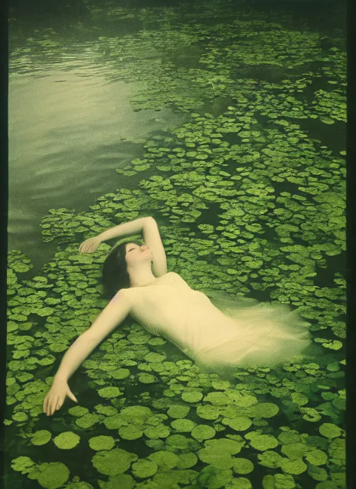 Prompt: lady laying under the river bed amongst the duck weed, underwater shot, submerged, medium shot, on the bed of the river preraphaelite colour photography, 8 k