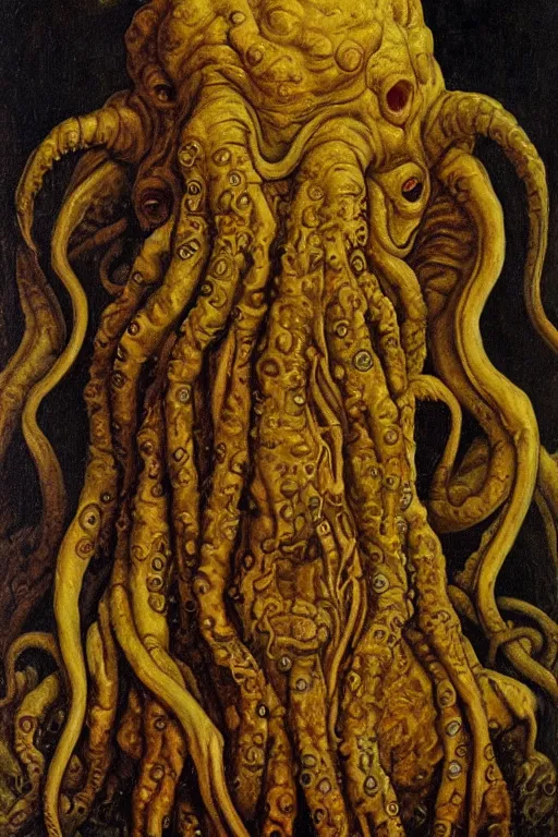 Image similar to portrait of cthulhu, oil painting by jan van eyck, northern renaissance art, oil on canvas, wet - on - wet technique, realistic, expressive emotions, intricate textures, illusionistic detail