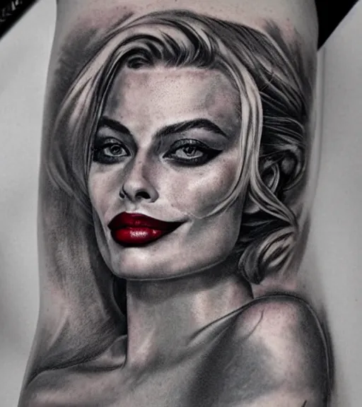 Image similar to tattoo design sketch of beautiful margot robbie portrait with joker makeup, in the style of den yakovlev, realistic face, black and white, realism tattoo, hyper realistic, highly detailed